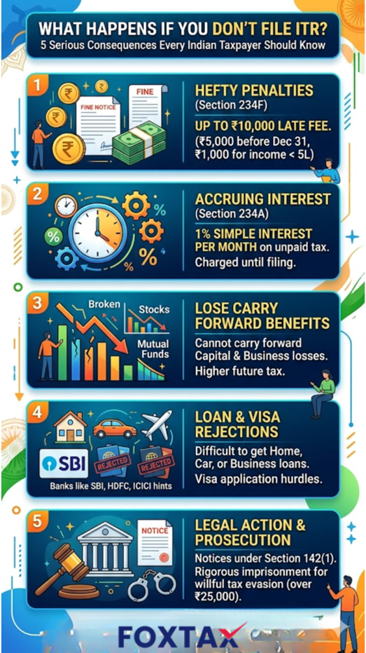 Infographic explaining the consequences of not filing ITR, including penalties, interest, notices, and loan rejection risks