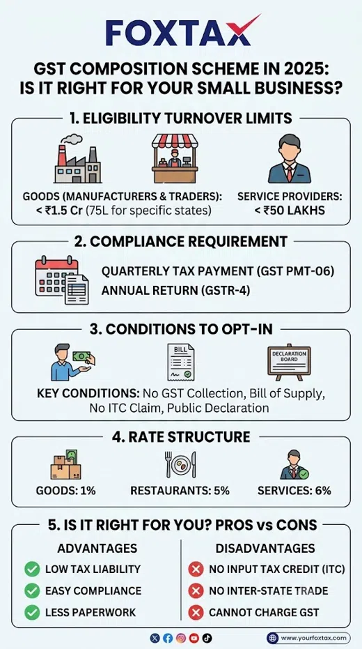 Infographic by FOXTAX explaining the GST Composition Scheme for small businesses in 2026. It details eligibility turnover limits (under ₹1.5 Crore for goods, under ₹50 Lakhs for services), compliance requirements (CMP-08 and GSTR-4), core conditions like no ITC claims, tax rate structures (1% for goods, 5% for restaurants, 6% for services), and a pros-versus-cons breakdown.