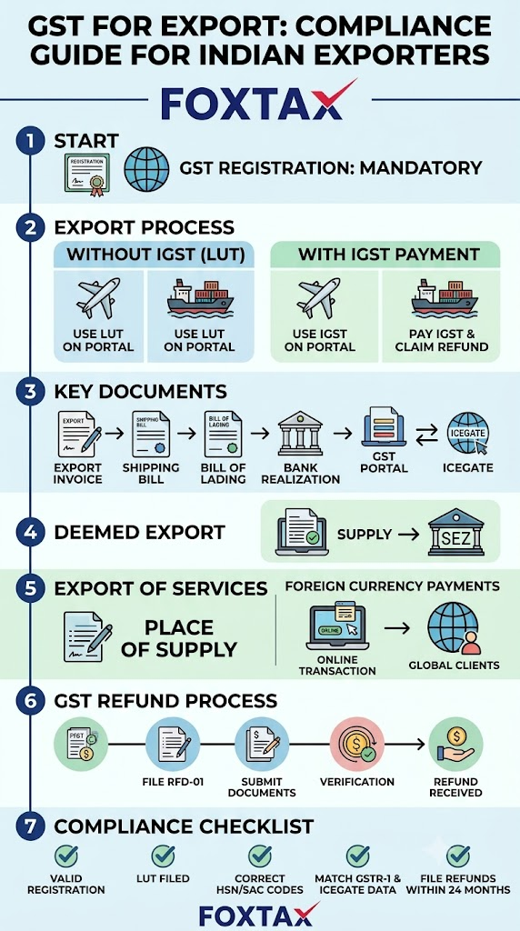 An infographic by FoxTax detailing the GST compliance guide for Indian exporters, including registration, LUT vs. IGST processes, key documents, deemed exports, service exports, and refund procedures.