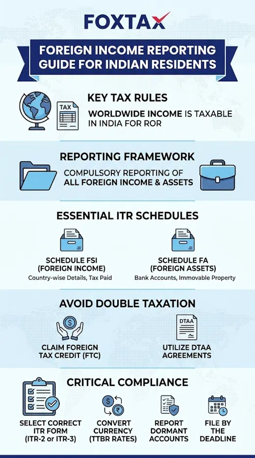 Infographic by Foxtax titled "Foreign Income Reporting Guide for Indian Residents." It outlines key tax rules (worldwide income is taxable for ROR), the reporting framework for foreign assets, essential ITR schedules (Schedule FSI and Schedule FA), methods to avoid double taxation (FTC and DTAA), and critical compliance steps including choosing ITR-2 or ITR-3.