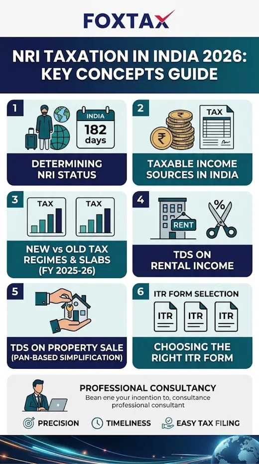 Infographic by Foxtax titled "NRI Taxation in India 2026: Key Concepts Guide" outlining 6 steps: 1. Determining NRI Status (182 days rule), 2. Taxable Income Sources in India, 3. New vs Old Tax Regimes & Slabs (FY 2025-26), 4. TDS on Rental Income, 5. TDS on Property Sale, and 6. Choosing the Right ITR Form.