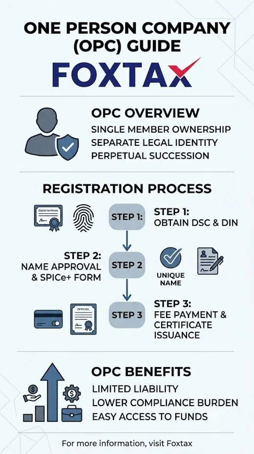 An infographic guide by Foxtax explaining One Person Company (OPC) overview, a 3-step registration process (DSC & DIN, SPICe+ form, fee payment), and benefits like limited liability.