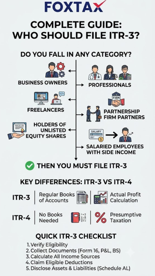 An educational infographic by FOXTAX titled "Complete Guide: Who Should File ITR-3?". It lists eligible categories: Business Owners, Professionals, Freelancers, Partnership Firm Partners, Holders of Unlisted Equity Shares, and Salaried Employees with Side Income. It highlights the key differences between ITR-3 (Regular Books of Accounts, Actual Profit Calculation) and ITR-4 (No Books Needed, Presumptive Taxation), followed by a 5-step Quick ITR-3 Checklist.