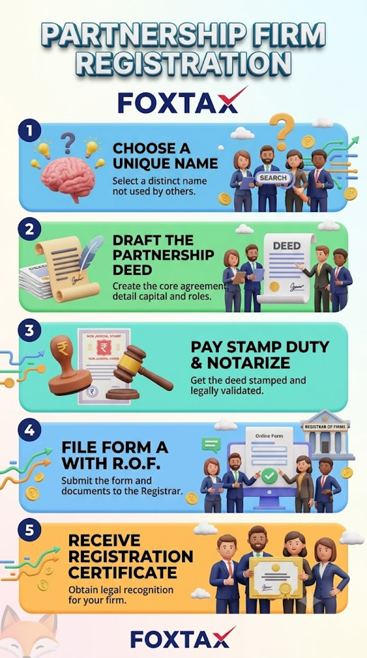 Infographic outlining the 5-step process for partnership firm registration by FOXTAX.