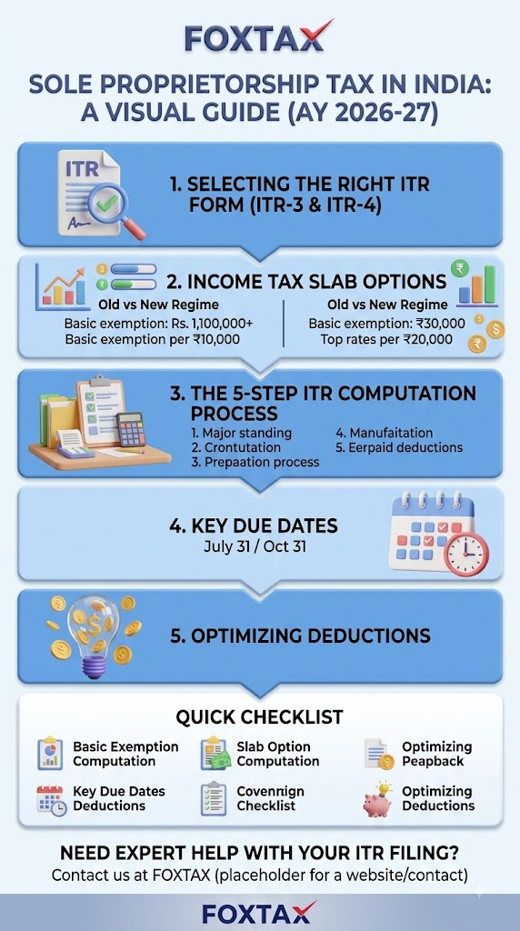 Infographic titled Sole Proprietorship Tax in India: A Visual Guide for Assessment Year 2026-27 by FoxTax, covering ITR forms, tax slab options, computation steps, key due dates, and deductions.
