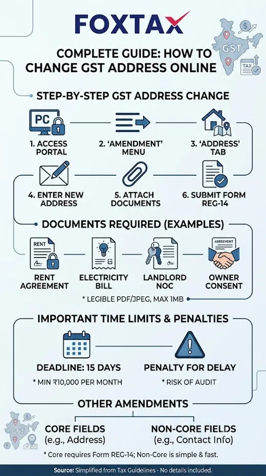 Infographic by Foxtax detailing the step-by-step process, required documents, time limits, and Form REG-14 filing steps to change a GST business address online.