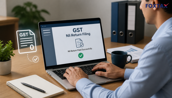 Illustration of a business professional efficiently filing a GST nil return online on a laptop