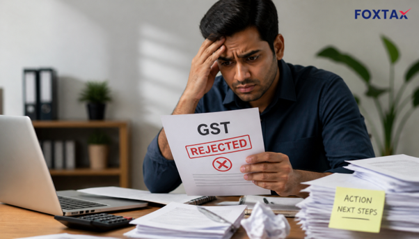 Anxious business owner viewing a GST rejection notice on a desk full of paperwork.
