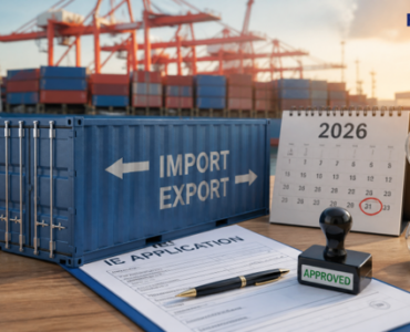 Illustration of a shipping container with import-export documents, symbolizing the IEC update process Illustration of a shipping container with import-export documents, symbolizing the IEC update process