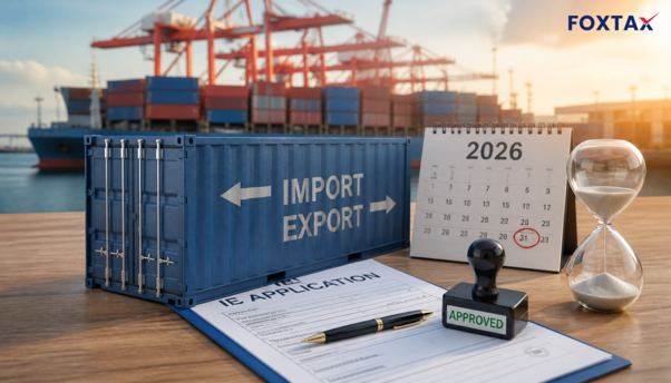 Illustration of a shipping container with import-export documents, symbolizing the IEC update process
