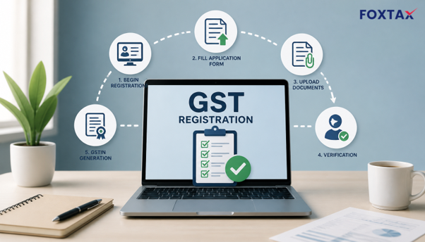 Illustration of the GST registration process in India depicting online steps.