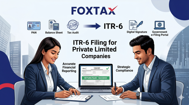 ITR filing for private limited company in India with CA reviewing ITR-6 tax documents and financial statements