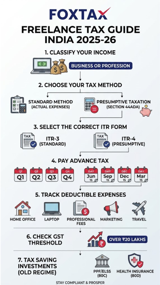 Infographic titled FOXTAX Freelance Tax Guide India 2025-26, outlining a 7-step tax filing process for freelancers, including income classification, choosing between standard or presumptive taxation (Section 44ADA), selecting ITR-3 or ITR-4, paying advance tax quarterly, tracking deductible expenses, checking GST thresholds over 20 Lakhs, and utilizing tax-saving investments like PPF, ELSS, and health insurance.