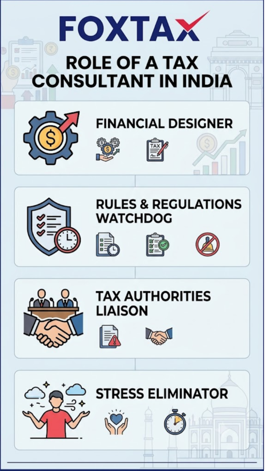 An infographic by FOXTAX titled "Role of a Tax Consultant in India." It outlines four key functions using text and icons: 1. Financial Designer (gear with dollar sign, clipboard), 2. Rules & Regulations Watchdog (shield with checkmarks, clock, compliance icons), 3. Tax Authorities Liaison (shaking hands, professional setting), and 4. Stress Eliminator (person relaxing with arms wide, heart in hands, and a stopwatch).