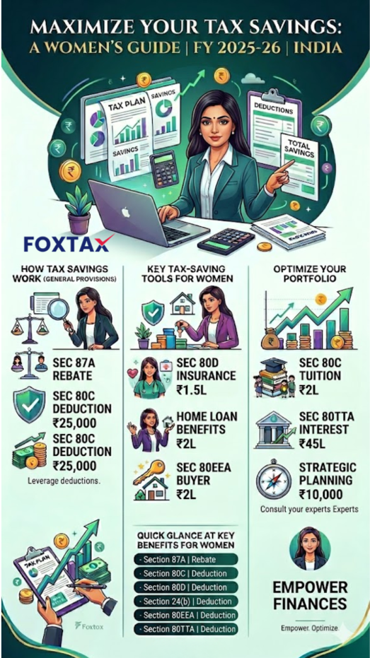 FoxTax infographic guide for women on maximizing tax savings in India for FY 2025-26, highlighting tax deductions under Section 87A, 80C, 80D, 24b, 80EEA, and 80TTA.