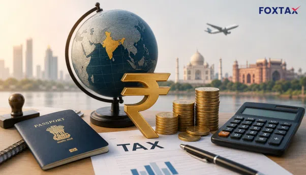 Conceptual hero image of NRI Taxation Guide with Indian Rupee and globe