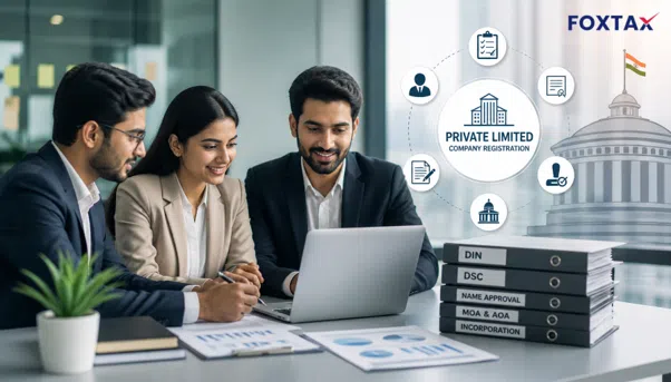 An illustrative image of business professionals collaborating during the private limited company registration process in India
