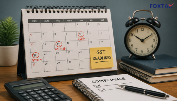 A calendar marked with GST return deadlines and compliance reminders