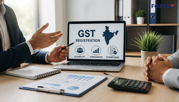 Business meeting discussing GST registration requirements in India